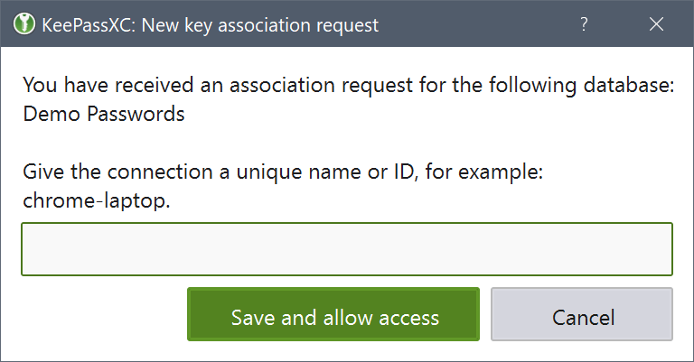 Диалог New key association request / Запрос на ассоциацию нового ключа KeePassXC
