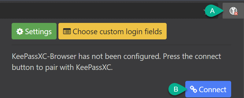 Всплывающее окно расширения KeePassXC-Browser до подключения к KeePassXC