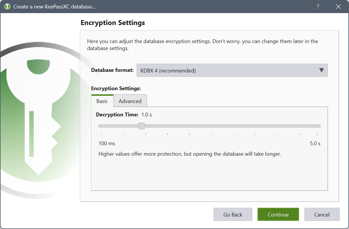 Экран Encryption Settings / Параметры шифрования KeePassXC: Decryption Time / Время расшифровки